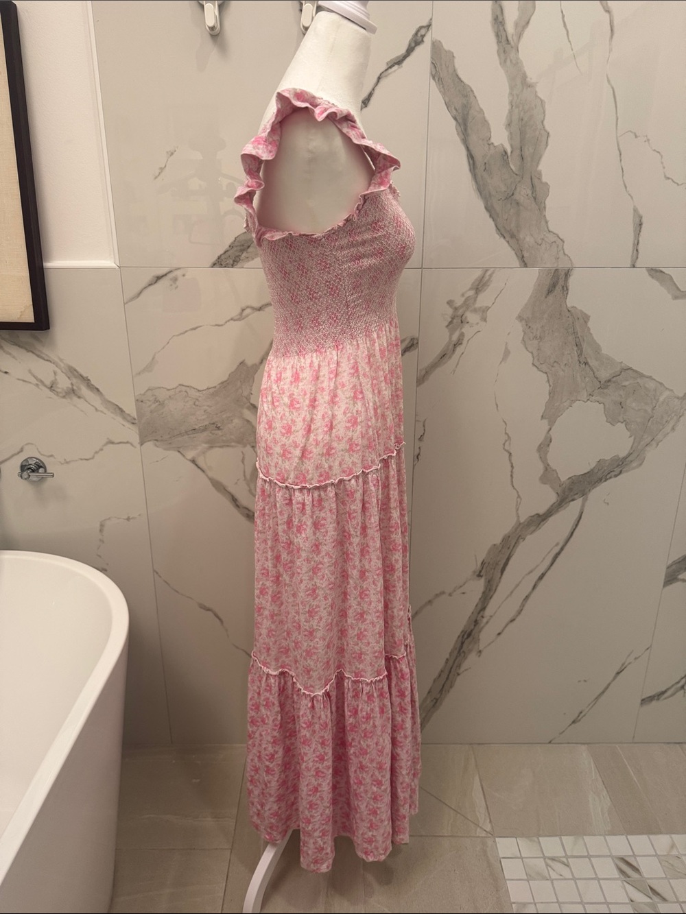 LoveShackFancy Chesie Pink Floral Smocked Maxi Dress Ruffle Straps Rosebud Print - Picture 6 of 10